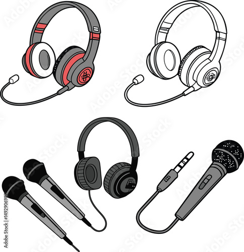 This isolated black headphones icon set features stereo audio equipment for listening to music and sound with a microphone for communication technology
