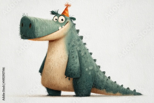Cute happy birthday card illustration with cartoon dino wearing party hat on white background. T-Rex character design for children holiday celebration 