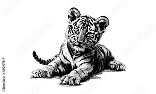 Cute Tiger Cub Playing with Tail, Vintage Hand-drawn Illustration, Antique Safari Art, Jungle Wildlife Decor, Black Sketch Effect, Old Engraving Style, Trendy Animal Wall Decor, Safari Jungle Art
