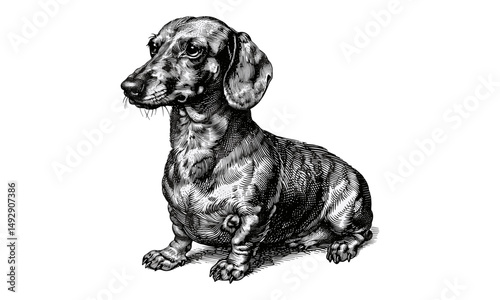 Vintage Dachshund Dog Illustration, Monochrome Hand-drawn Engraving, Rustic Pet Print, Black Animal Sketch, Domestic Dog Art, Trendy Home Decor, Engraved Artwork, Vintage Style