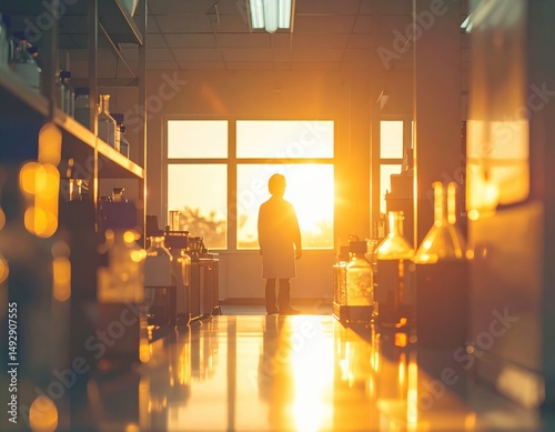 Scientist standing in laboratory with sunset backlight and glass equipment