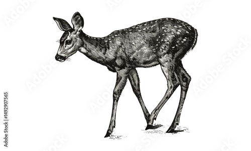 Hand-drawn Illustration of Deer Walking with Head Down, Antique Engraving, Vintage Wildlife Drawing, Black Sketch Effect, Rustic Wall Decor, Animal Print, Old Engraving Style, Trending Art