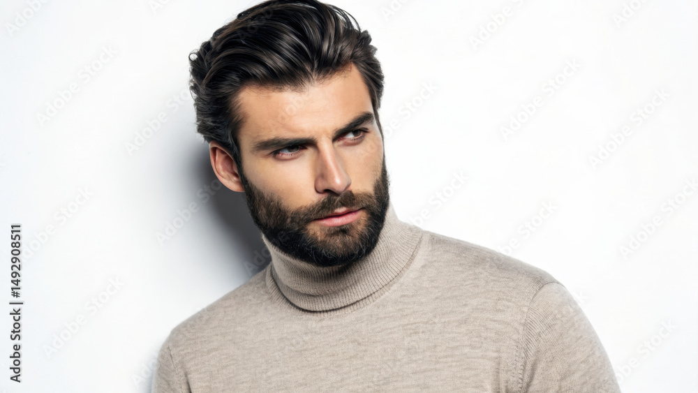 Obraz premium stylish man with beard wearing turtleneck sweater, posing confidently.