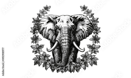 African Elephant Illustration with Jungle Vines, Hand-drawn Vintage Engraving, Black Sketch Effect, Safari Animal Art, Rustic Wildlife Print, Nature Drawing, Old Engraving Style, Trendy