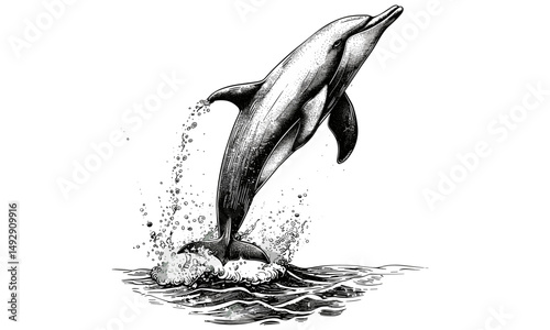 Hand-drawn Marine Animal Etching, Nautical Wildlife Art, Dolphin Tail Engraving in Water, Monochrome Ocean Life Drawing, Vintage Sea Creature Sketch, Old Engraving Style