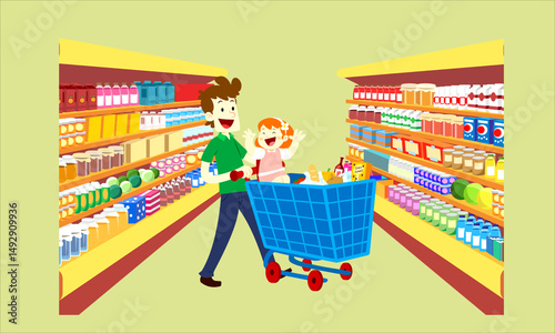 Illustration of an orange shopping cart with silver frame on a light background