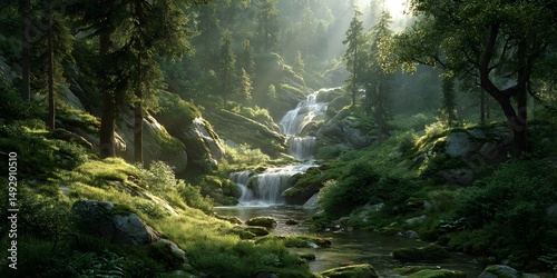 Wallpaper Mural Multi-tiered waterfall cascades through a sun-drenched green forest, with golden sunlight filtering through the canopy. The photorealistic image captures nature’s serene beauty with lush  Torontodigital.ca