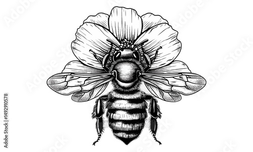 Vintage Engraving of Honeybee on Flower, Monochrome Insect Illustration, Rustic Wildlife Etching, Nature Fauna Print for Decor, Old Engraving Style, Black Sketch, Trendy Insect Art