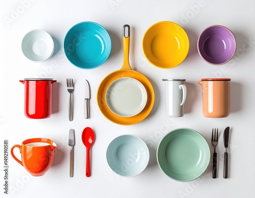 Colorful tableware arrangement with dinner plates utensils and kitchen items
