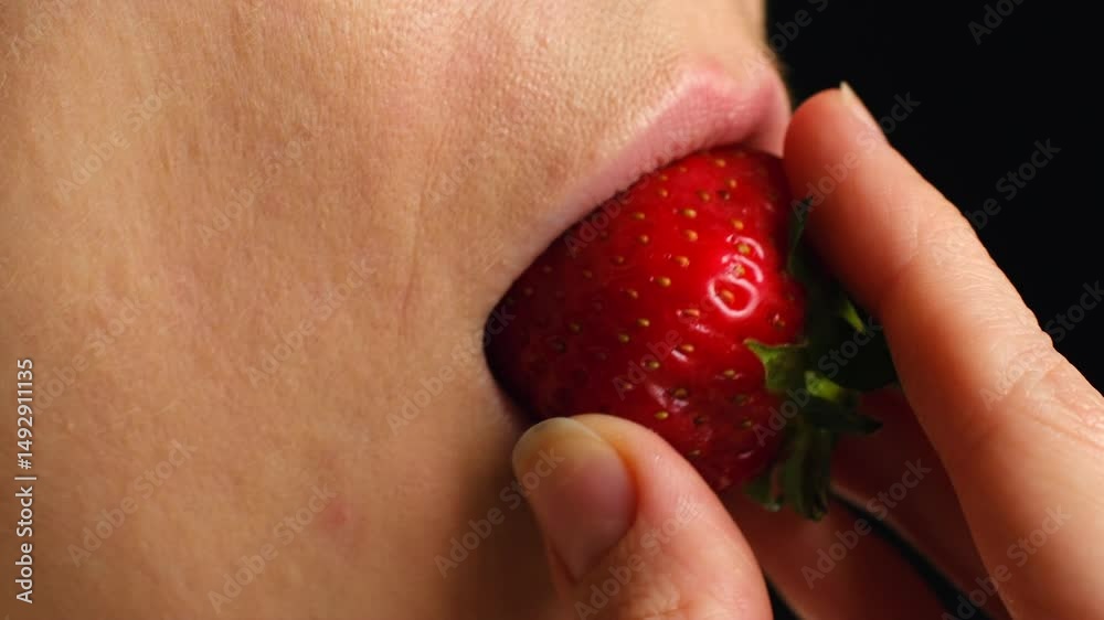 Close up of a woman savoring a fresh, ripe strawberry against a dark backdrop, highlighting the vibrant red fruit and the sensory experience of taste. Woman eating strawberry on black background