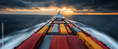 Cargo ship sailing on ocean at sunset. Dramatic sky with clouds and sun rays. Colorful containers on deck. Motion blur effect