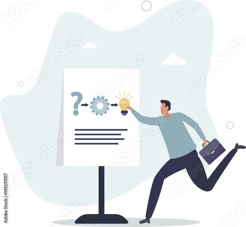 Problem solving skill, idea to solve difficulty challenge, process or procedure to fix problem, information to achieve goal concept, character life .