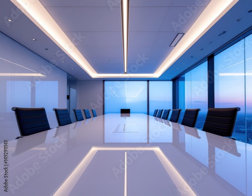 Modern conference room interior with panoramic windows and sleek design