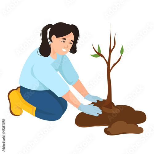Girl kneeling on ground planting a young tree, flat cartoon style, white background. Concept of environment care and tree planting. Vector illustration