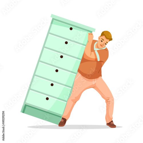 Man trying to lift large green chest of drawers, cartoon style, on white background. Concept of effort, hard work, and physical strain. Vector illustration