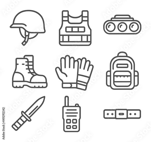 Flat vector illustration of essential military gear such as helmet, vest, gloves, boots, and backpack