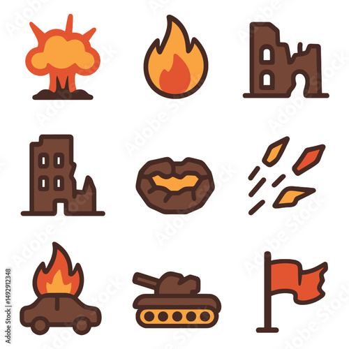 Flat vector illustration set of war destruction icons including explosion, fire, ruins, and tank