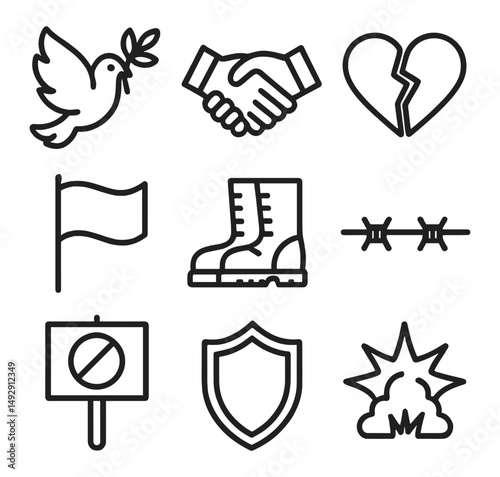 Flat vector illustration set of war and peace concepts such as dove, handshake, shield, and explosion