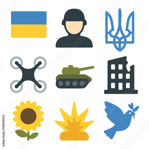 Flat vector illustration set of Ukraine war-related icons including flag, soldier, drone, tank, and sunflower