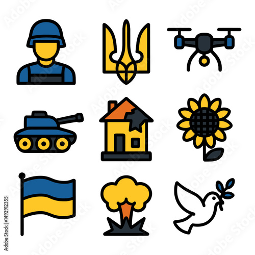 Flat vector illustration set of icons related to Ukraine war including house, tank, explosion, flag, and soldier