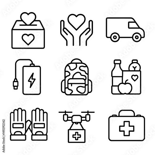 Flat vector illustration set of volunteer support icons including gloves, first aid, food, and backpack