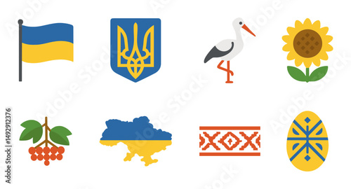 Ukrainian cultural icon set with flat vector illustrations of symbols like embroidery, pysanka, tryzub, stork, and national ornament on transparent background