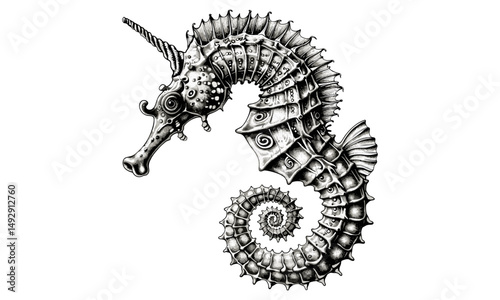 Detailed Engraving of Seahorse in Retro Marine Style, Vintage Ocean Life Illustration, Nautical Print Black Sketch, Hand-drawn Sea Creature Sketch, Antique Etching, Old Engraving Style