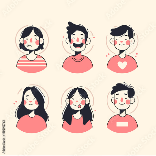 Diverse Emotions Icons: A set of six diverse and expressive cartoon avatars, each displaying a unique emotion, perfect for illustrating a range of feelings.