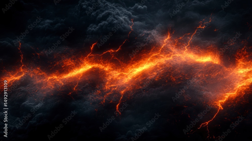 Fiery orange lightning streaks across a dark, smoky sky. Fiery orange lightning streaks across a dark, smoky sky.