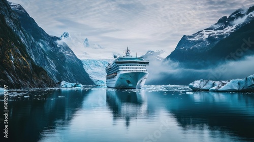 Cruise ship navigating through the icy waters of a serene Alaskan fjord
