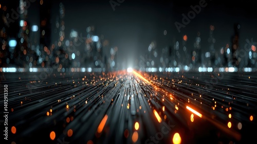 Abstract cityscape with blurred lights and motion effect dark background.