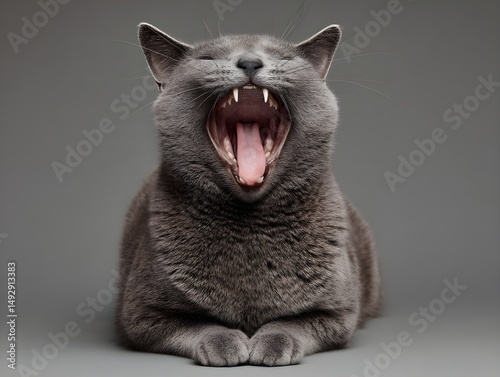 Smoke Chartreux cat yawns widely in front view shot capturing feline expression charm, cozy coat
