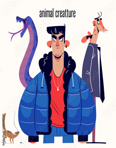 Stylish Man with Animal Companions