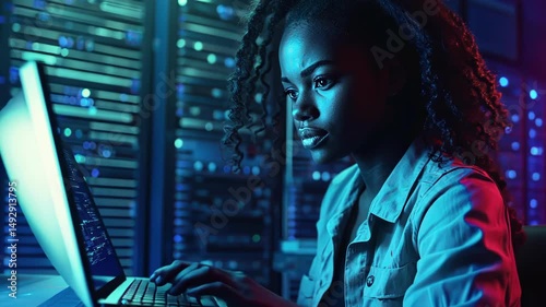 focused young adult African female working on a laptop in data center server room environment