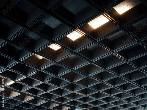 Telephoto Shot of Light Grid Lighting Accentuating Architectural Geometry and Modern Interior Design Innovations Spaces