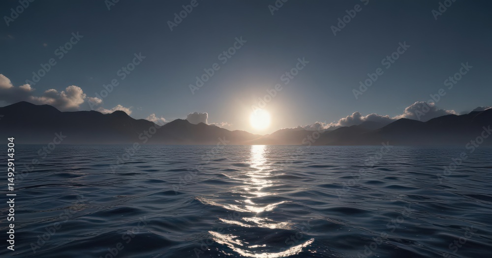 Fototapeta premium Distant sunlight filters through dark blue water , visual, ocean scene, blue ocean