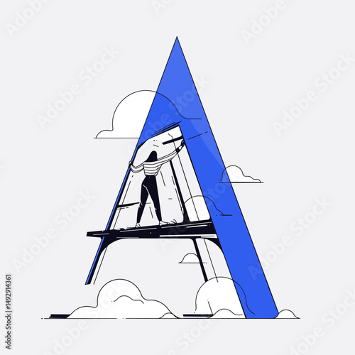 Conceptual Adventure: A silhouette of a determined individual, amidst stylized clouds, is poised atop a vast letter, embarking on a metaphorical journey of exploration and discovery.