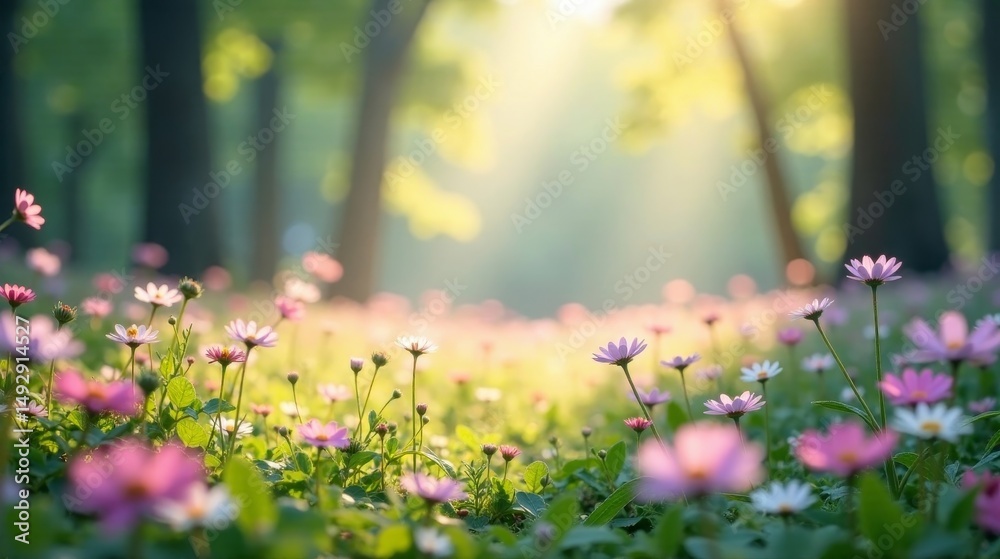 Obraz premium Serene Dawn A Field of Delicate Blossoms Bathed in Golden Sunlight, Gently Swaying in the Soft Morning Breeze