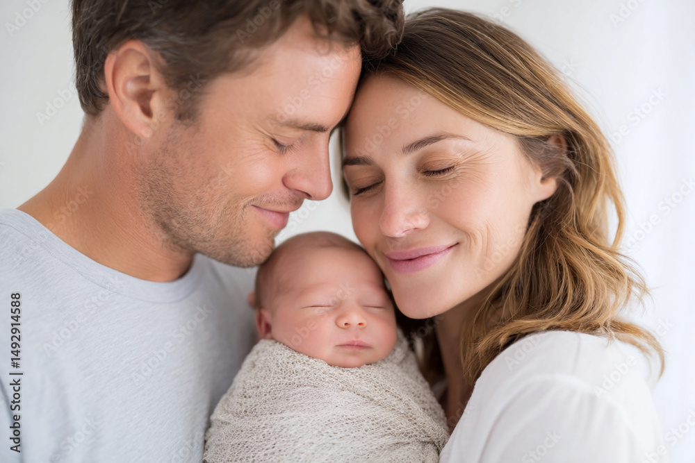 Newborn baby wrapped in blanket held by smiling parents with closed eyes, sharing tender and peaceful family moment Newborn baby wrapped in blanket held by smiling parents with closed eyes, sharing tender and peaceful family moment