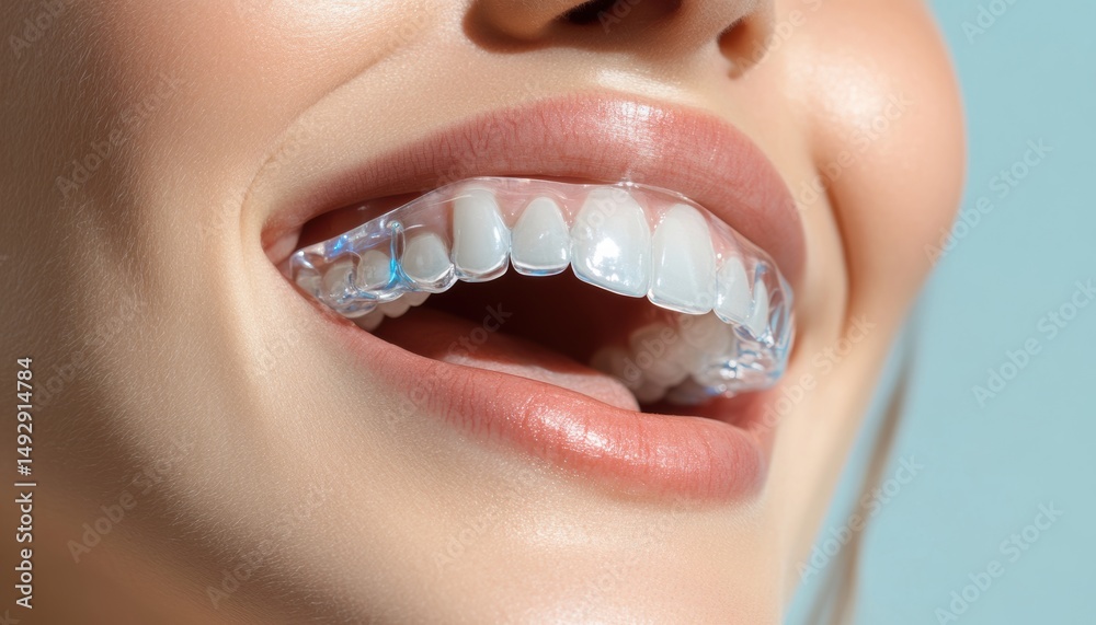 Fototapeta premium Innovative dental care modern woman showcasing cheek retainer studio environment close-up view oral hygiene concept