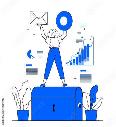 Standing on Opportunity: An ambitious young woman, standing confidently on a large treasure chest, balances a data chart and an email icon, symbolizing success in communication.