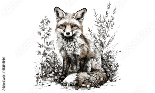 Vintage Fox Illustration in Autumn Woods, Rustic Woodland Animal Art, Hand-drawn Black Sketch, Nature Engraving, Fall Forest Decor, detailed animal print, woodland wildlife