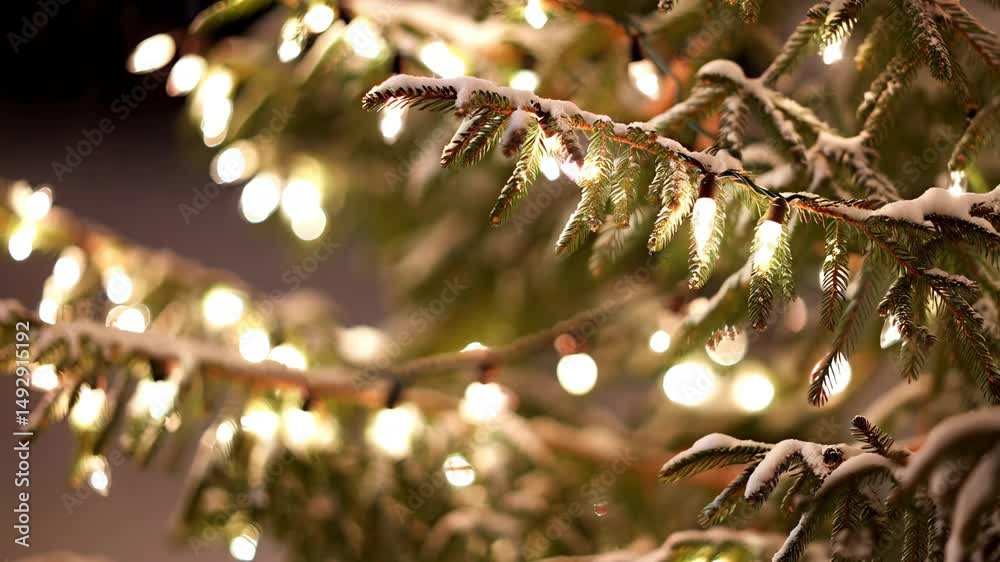 Snow covered evergreen branches decorated with warm white glowing string lights creating a festive holiday season mood in winter