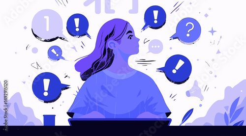 Idea Illustration: A person is immersed in thought, surrounded by speech bubbles, conveying the essence of ideas and mental process. Illustrative concepts.