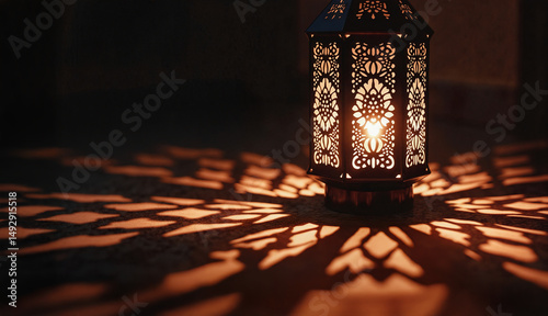 Ornate Muslim lantern intricate shadow patterns warm light Islam holiday Ramadan Eid tradition mystery spiritual atmosphere concept glowing Islamic lamp detailed geometric design