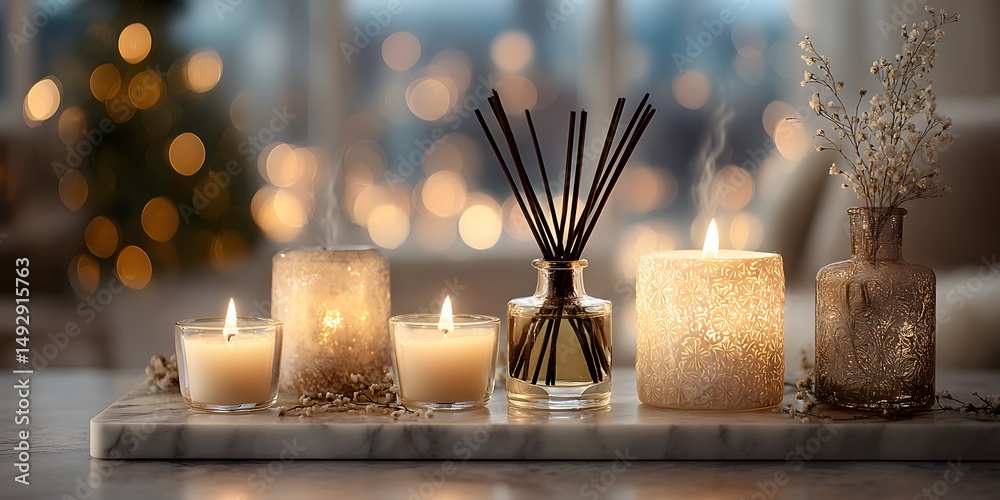 Fototapeta premium Lit candles and reed diffusers arranged on marble in a cozy room, with softly blurred home decor in the background. The scene exudes tranquility and a hygge aesthetic, rendered