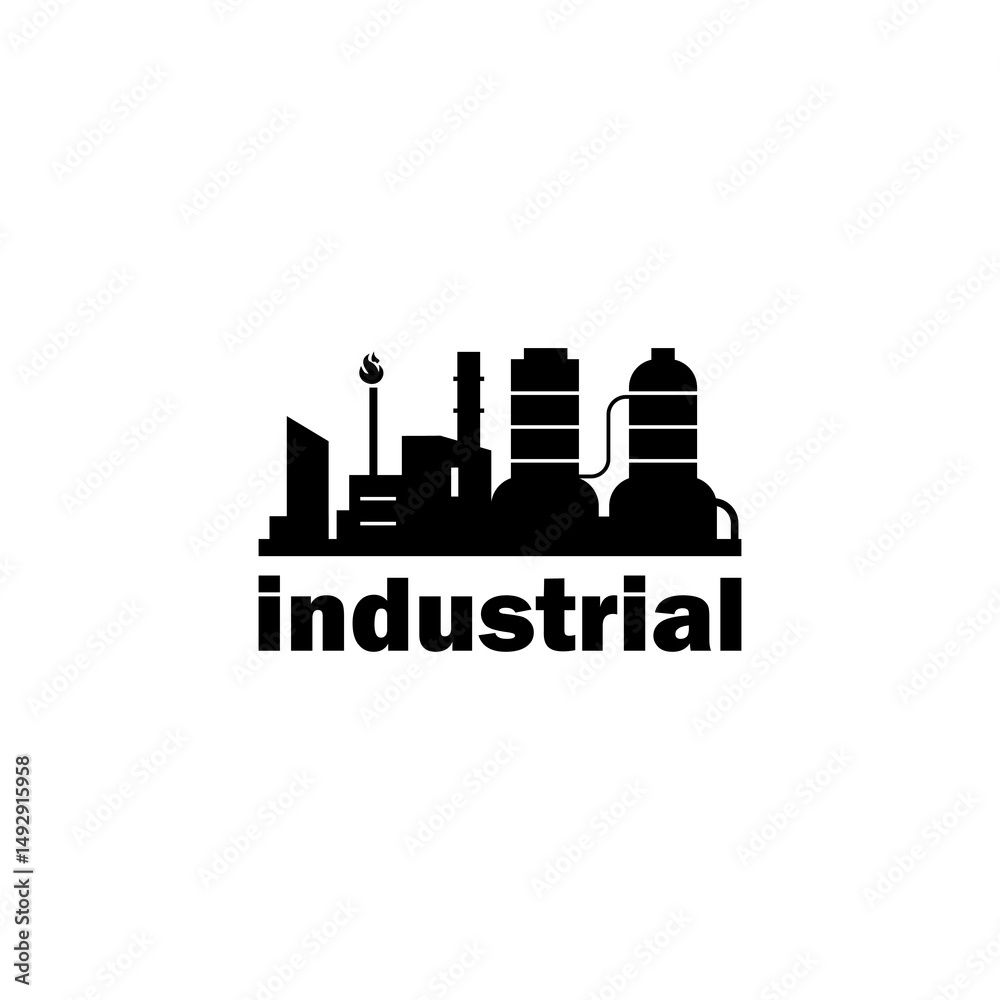 Obraz premium Industrial Factory Logo Icon. Modern Black Silhouette Design for Manufacturing, Engineering, and Energy Business. Vector Symbol of Industry, Machine, Gear, Smoke, Chemical, and Construction Concept