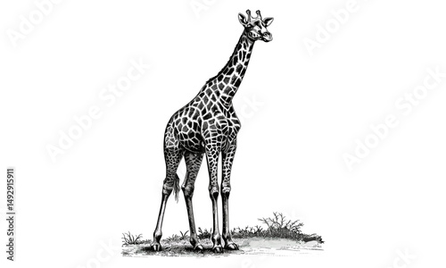 Detailed Giraffe Engraving, Vintage Wildlife Art, Black Sketch Effect, Rustic Animal Print, Nature Illustration, Hand-drawn Safari Decor, Engraved Giraffe Art, Trendy Wildlife Print