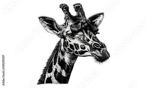 Black Sketch Giraffe Engraving, Vintage Wildlife Art, Engraved Animal Print, Rustic Safari Decor, Exotic Animal Design, Nature Illustration, Old Engraving Style, Trendy Hand-drawn Art