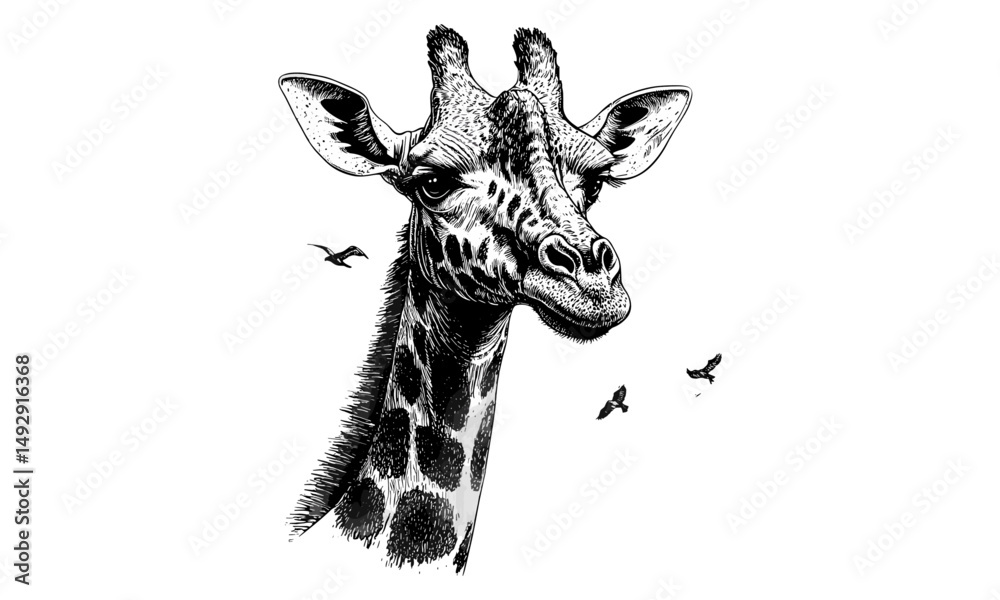 Naklejka premium Hand-drawn Giraffe with Birds, Black Sketch Effect, Vintage Engraving, Rustic Safari Print, Detailed African Wildlife Drawing, Trendy Animal Design, Nature Wall Art, Rustic Engraving Style